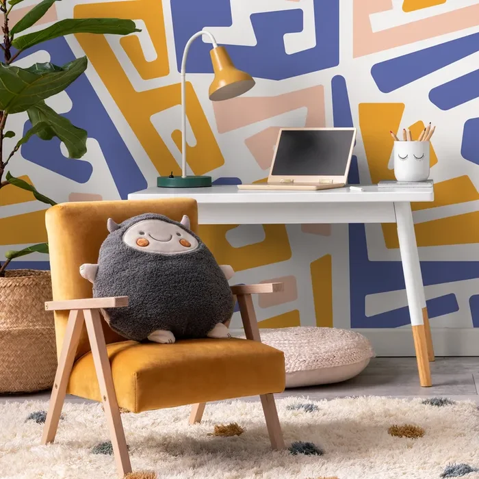 Abstract Wallpaper With A Bold Maze Motif In Yellow, Blue, And Pink – B569