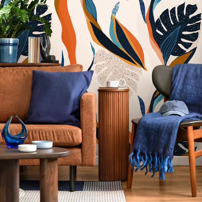 Abstract Wallpaper With A Botanical Motif In Orange, Navy, And Blue – C333