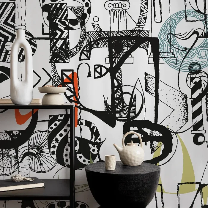 Abstract Wallpaper With A Cubist Art Collage In Black, Teal, And Orange – B699