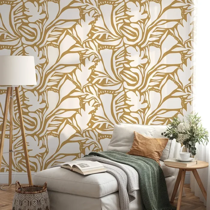 Abstract Wallpaper With A Flowing Botanical Motif In Yellow – D642