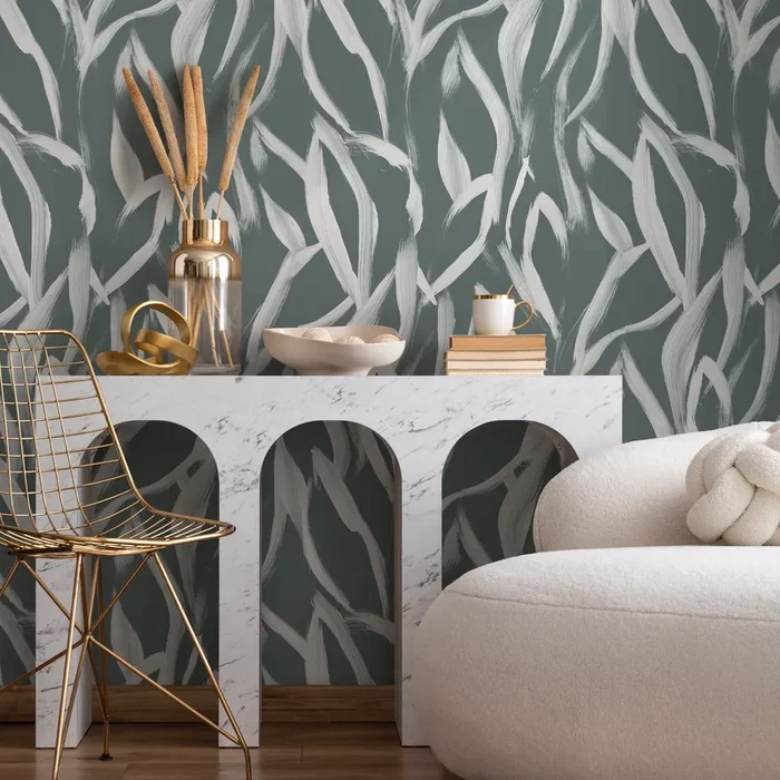 Abstract Wallpaper With A Flowing Brushstroke Motif In Dark Green And White – C901