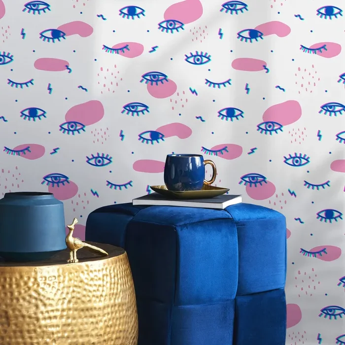 Abstract Wallpaper With A Funky Eye Motif In Pink, Blue, And Teal – B363