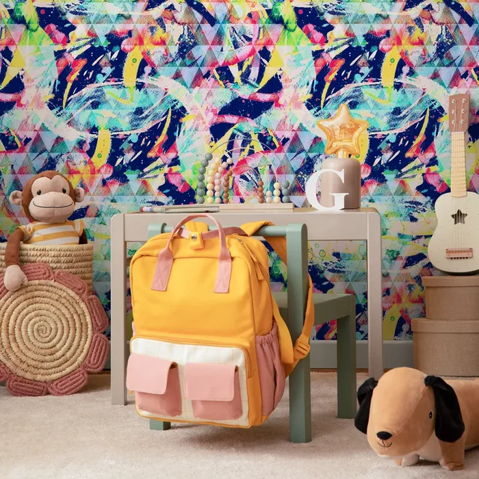 Abstract Wallpaper With A Geometric Graffiti Motif In Blue, Yellow, And Pink – B266