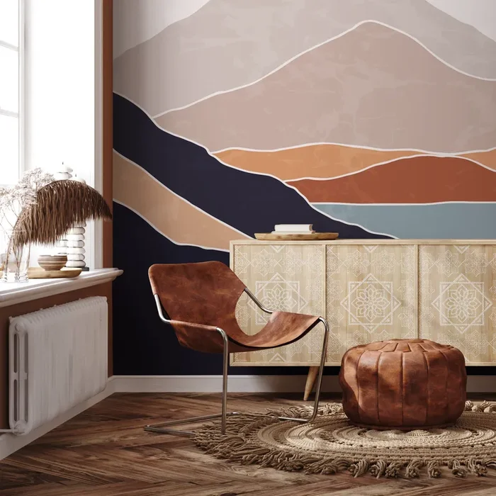 Abstract Wallpaper With A Minimal Landscape In Terracotta, Navy, And Beige – B950