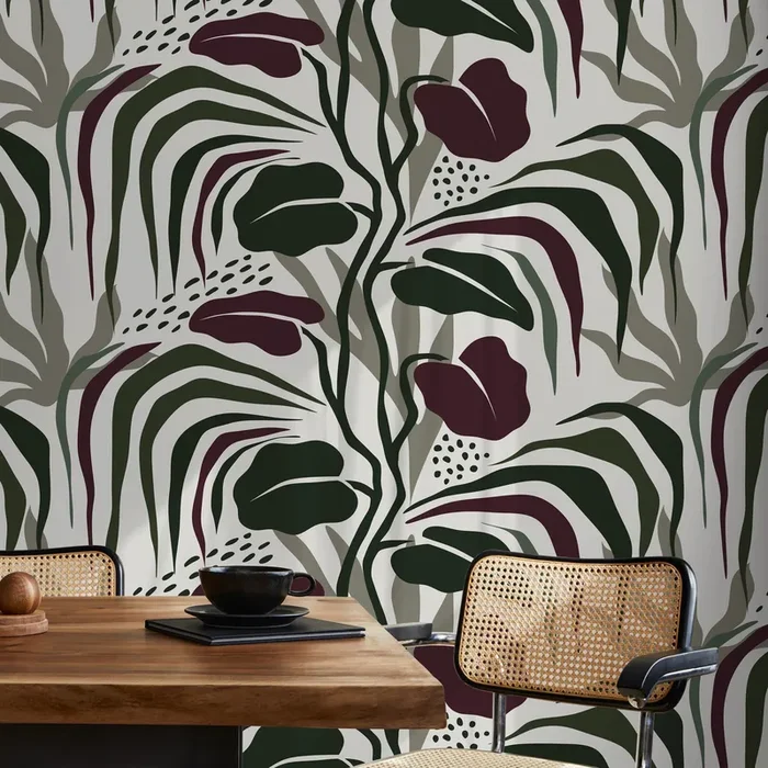 Abstract Wallpaper With A Modern Botanical Motif In Green, Burgundy, And Gray – D715