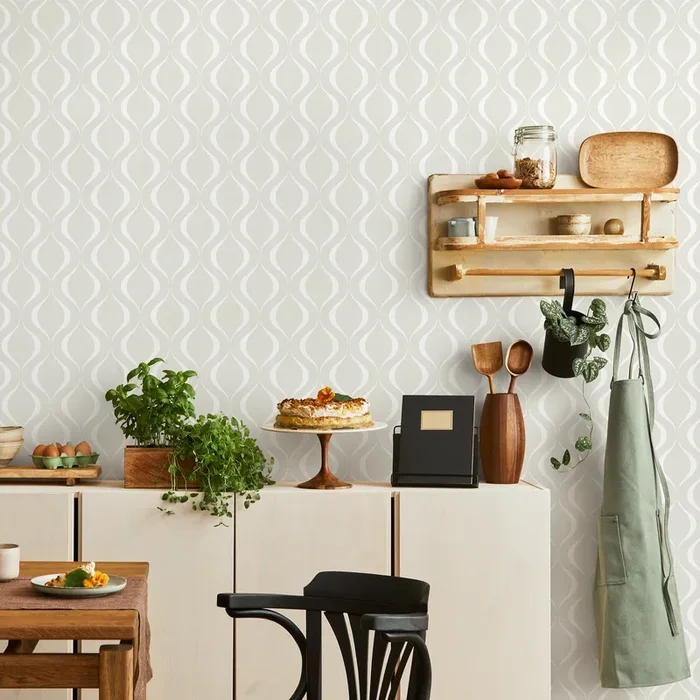Abstract Wallpaper With A Modern Wavy Motif In White And Light Beige – C564