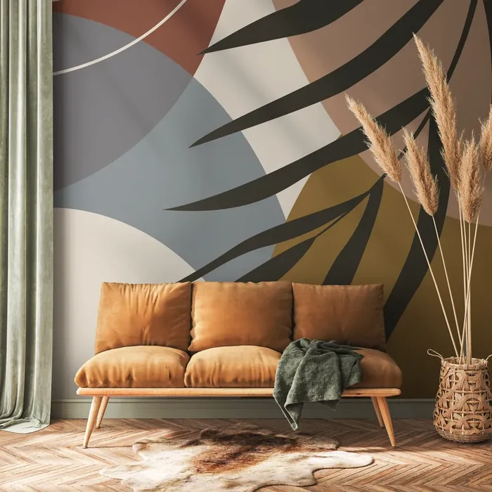 Abstract Wallpaper With A Tropical Leaf Motif In Terracotta, Blue, And Brown – C006