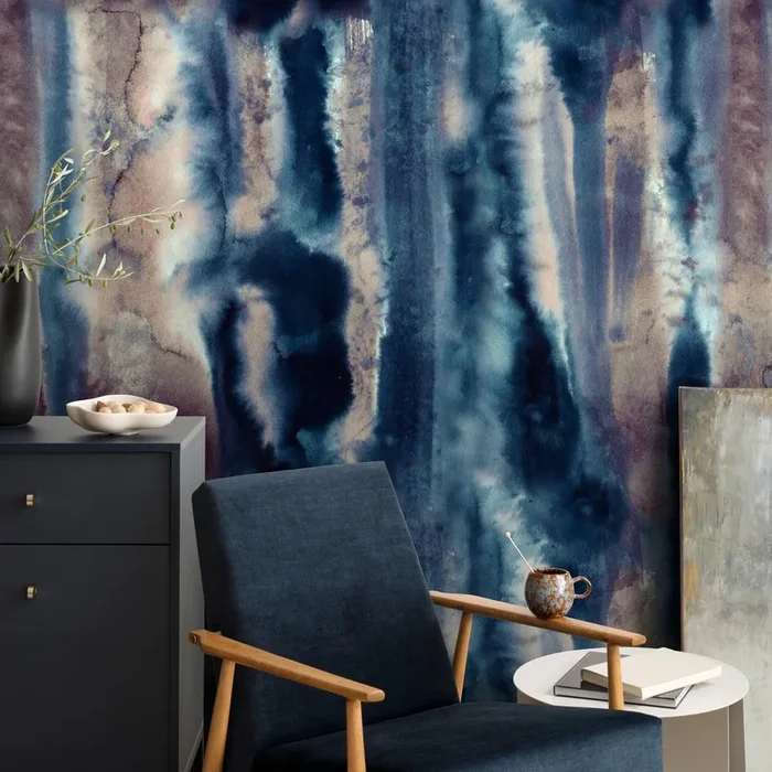 Abstract Wallpaper With A Vertical Watercolor Wash In Navy Blue, Brown, And Taupe – A405