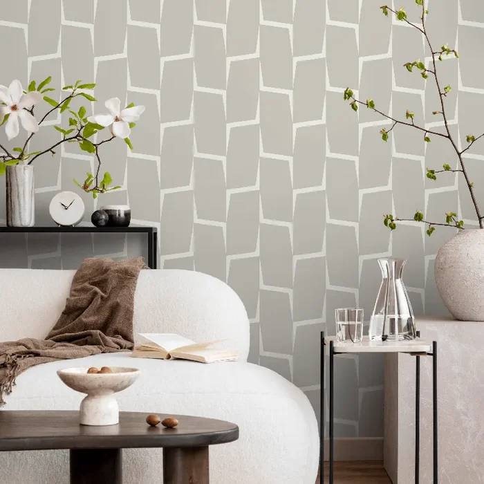 Abstract Wallpaper With An Angular Block Pattern In White And Beige – C560