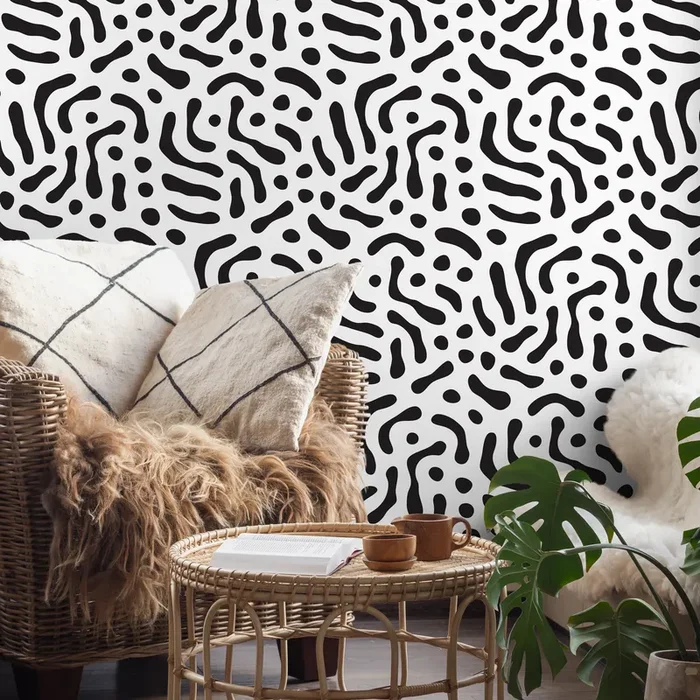 Abstract Wallpaper With An Organic Squiggle Motif In Black And White – B669