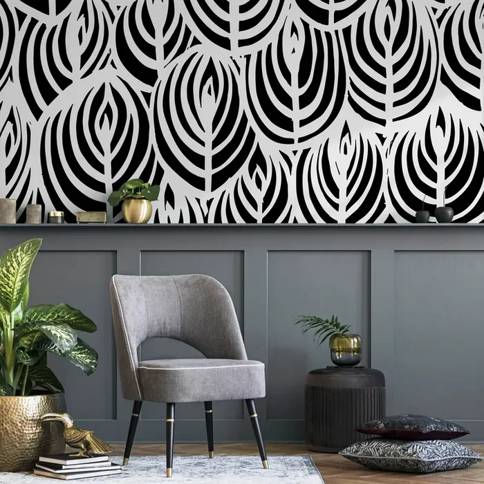Abstract Wallpaper With An Overlapping Leaf Motif In Black And White – C114