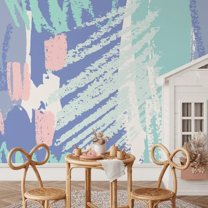 Abstract Wallpaper With Artistic Brushstrokes In Blue, Green, And Pink – B358
