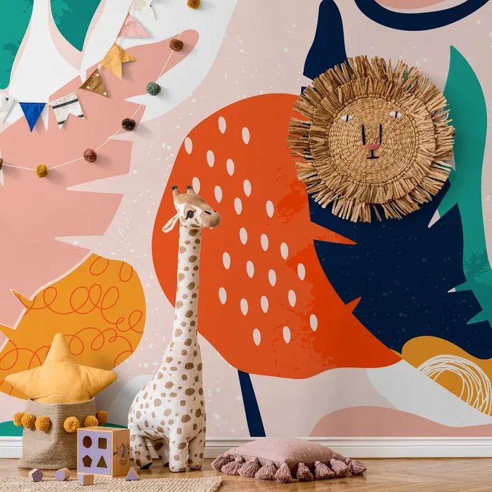 Abstract Wallpaper With Bold Botanical Shapes In Pink, Teal, And Orange – B533