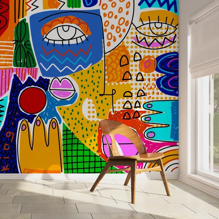 Abstract Wallpaper With Bold Cubist Faces In Blue, Yellow, And Red – D578
