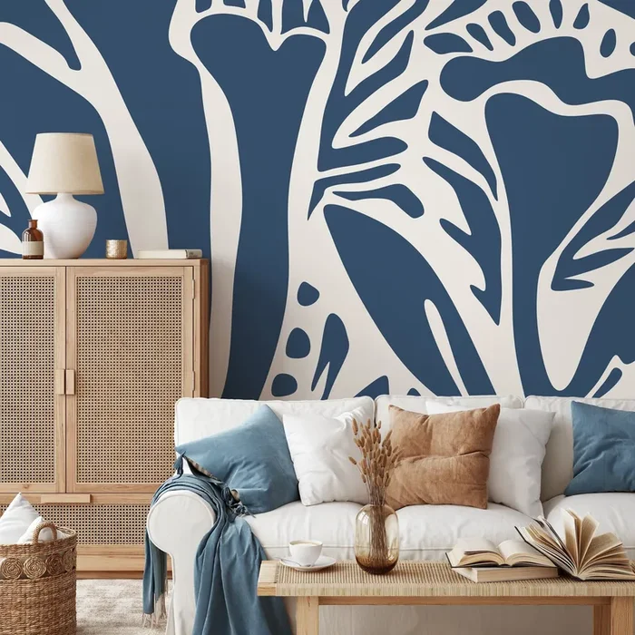 Abstract Wallpaper With Bold Organic Shapes In Dark Blue And Beige – D633
