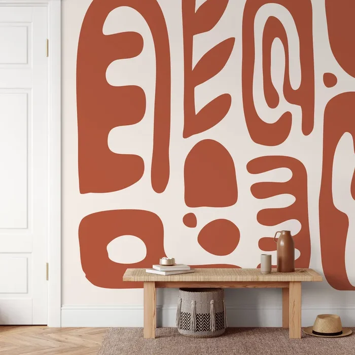 Abstract Wallpaper With Bold Organic Shapes In Terracotta And Cream – D595