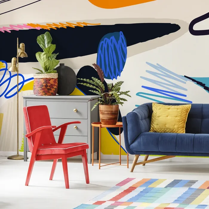 Abstract Wallpaper With Bold Shapes And Scribbles In Blue, Orange, And Yellow – C448