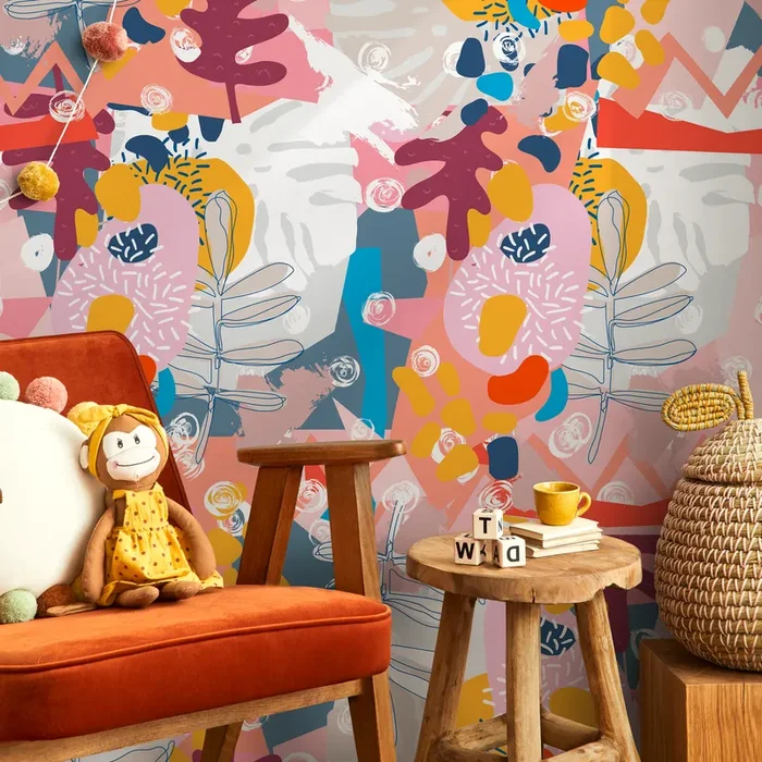 Abstract Wallpaper With Botanical Shapes And Collage Elements In Pink, Yellow, And Blue – B719