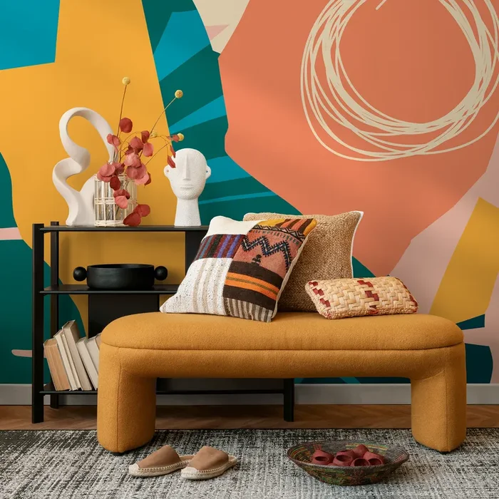Abstract Wallpaper With Colorful Cut-out Shapes In Teal, Yellow, And Orange – B640