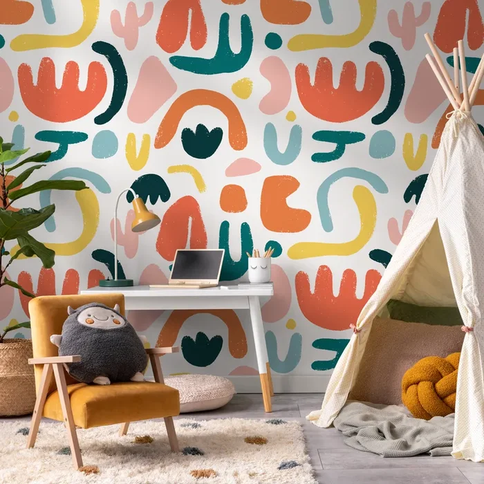 Abstract Wallpaper With Colorful Organic Shapes In Orange, Teal, And Yellow – C195
