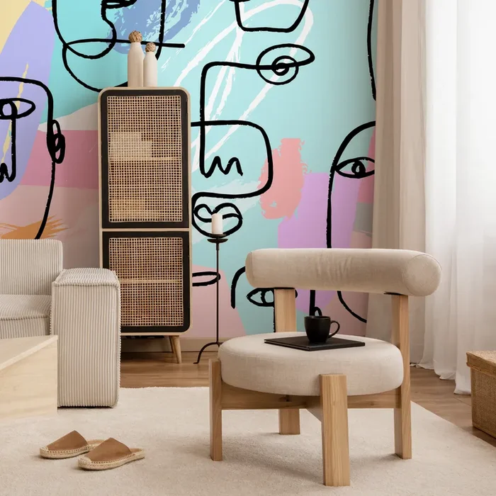 Abstract Wallpaper With Continuous Line Art Faces In Blue, Pink, And Purple – B501