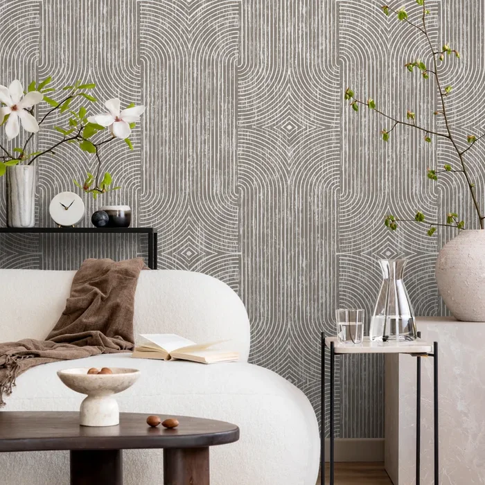 Abstract Wallpaper With Distressed Art Deco Arches In Taupe And Beige – C926