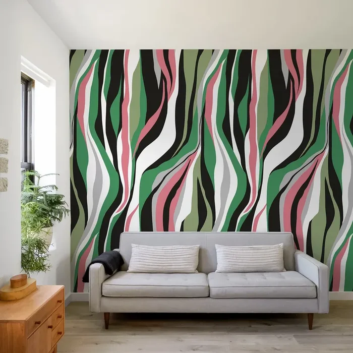 Abstract Wallpaper With Flowing Organic Waves In Green, Pink, And Black – D611