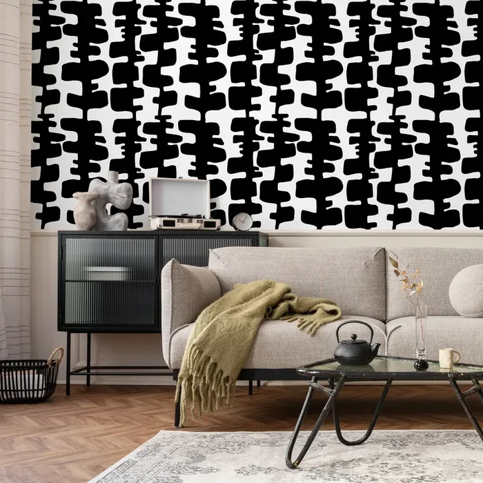 Abstract Wallpaper With Interlocking Organic Shapes In Black And White – B967