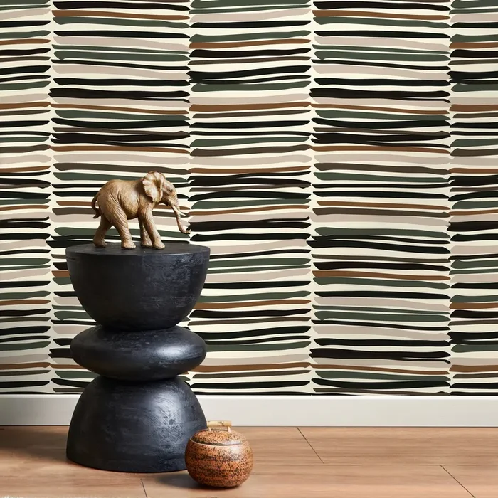 Abstract Wallpaper With Irregular Brushstroke Stripes In Black, Brown, And Green – D793