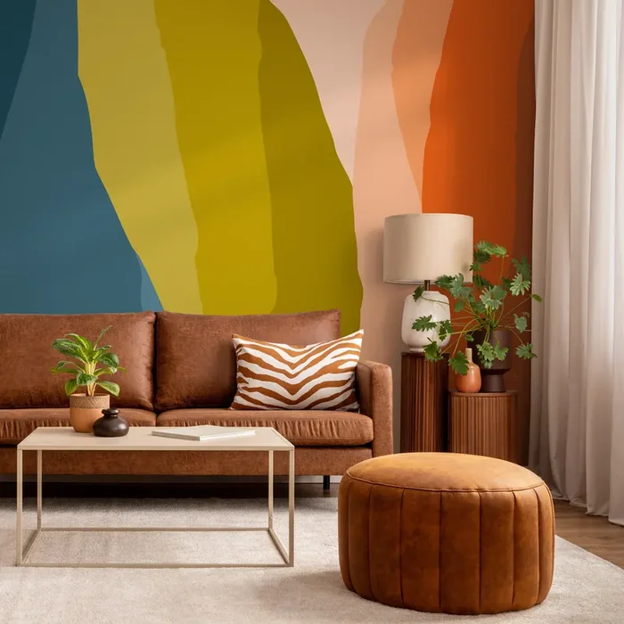 Abstract Wallpaper With Layered Organic Shapes In Teal, Green, And Orange – B541