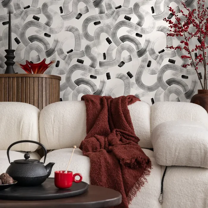 Abstract Wallpaper With Meandering Brush Strokes In Black And Gray – C921
