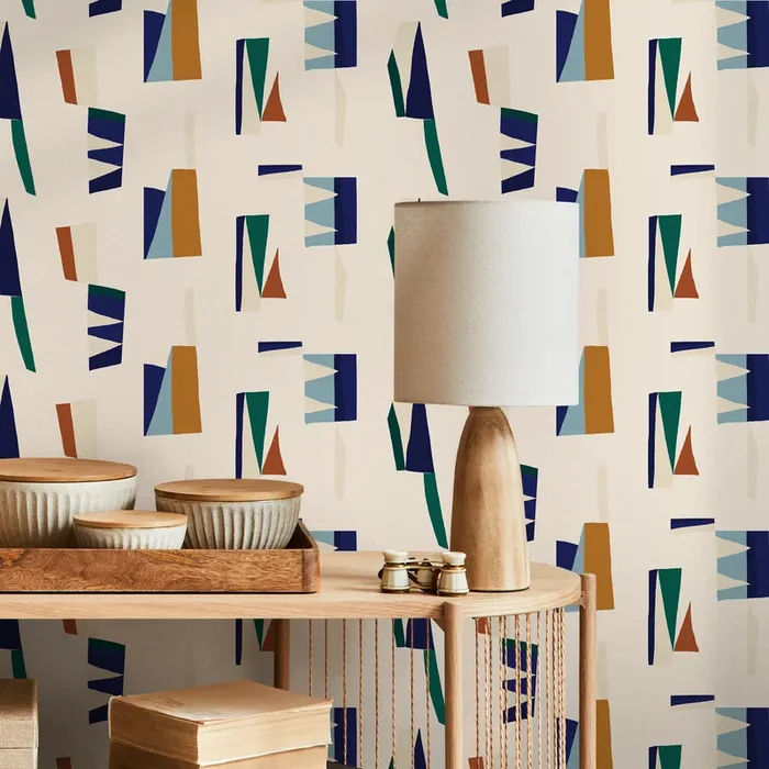 Abstract Wallpaper With Mid-century Geometric Shapes In Blue, Green, And Orange – C148
