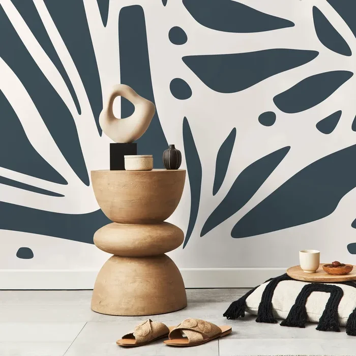 Abstract Wallpaper With Organic Cut-out Shapes In Dark Blue – D623