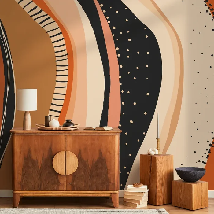 Abstract Wallpaper With Organic Shapes In Orange, Black, And Beige – C414