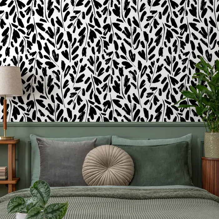 Abstract Wallpaper With Painted Leafy Brushstrokes In Black And White – B910
