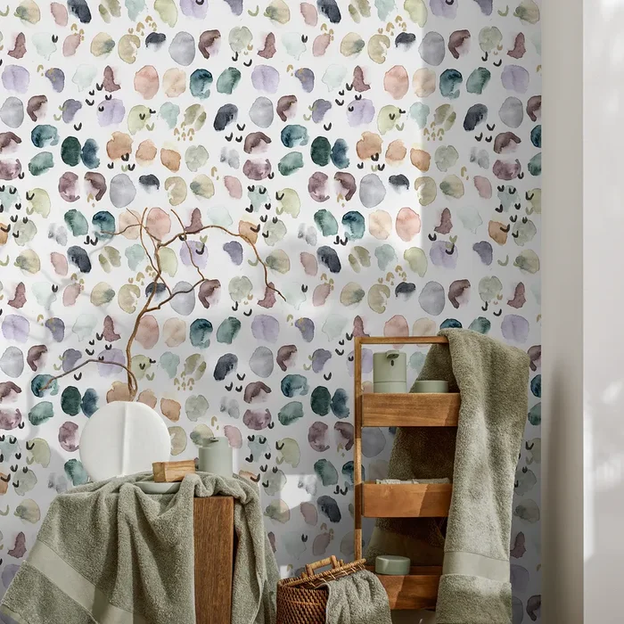 Abstract Wallpaper With Painterly Watercolor Spots In Green, Pink, And Purple – A356