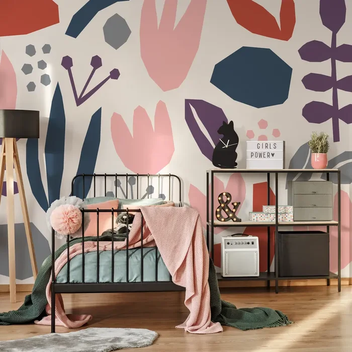 Abstract Wallpaper With Paper Cut-out Botanicals In Navy Blue, Pink, And Purple – B455