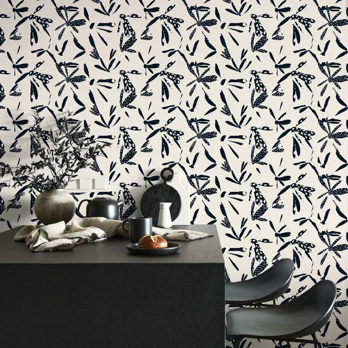 Abstract Wallpaper With Stylized Dragonflies In Navy And Cream – C348