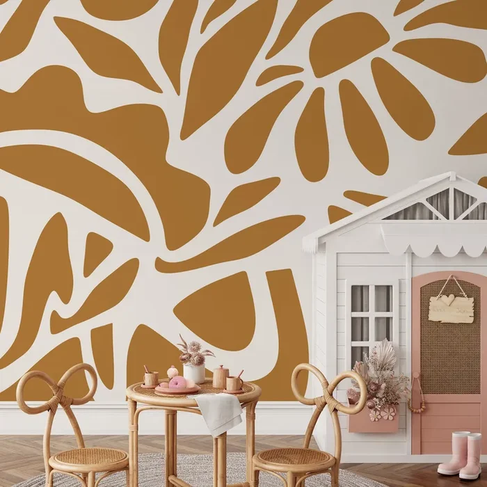 Abstract Wallpaper With Stylized Floral Cutouts In Mustard Yellow And Cream – D670