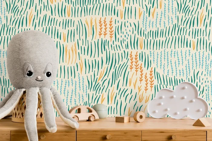 Abstract Wallpaper With Stylized Seagrass In Teal, Orange, And Blue – D290