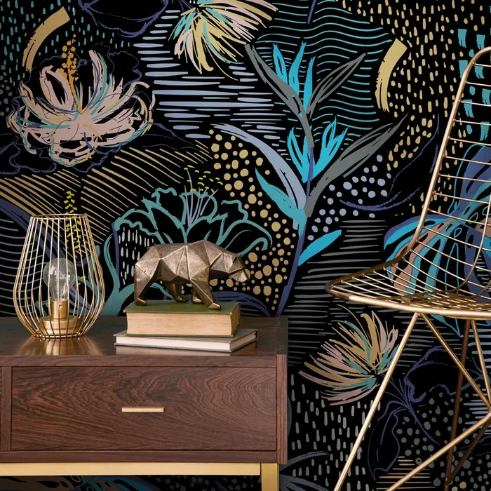 Abstract Wallpaper With Stylized Tropical Florals In Blue, Gold, And Pink – B096