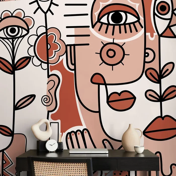 Abstract Wallpaper With Surreal Faces In Terracotta, Pink, And Black – D599