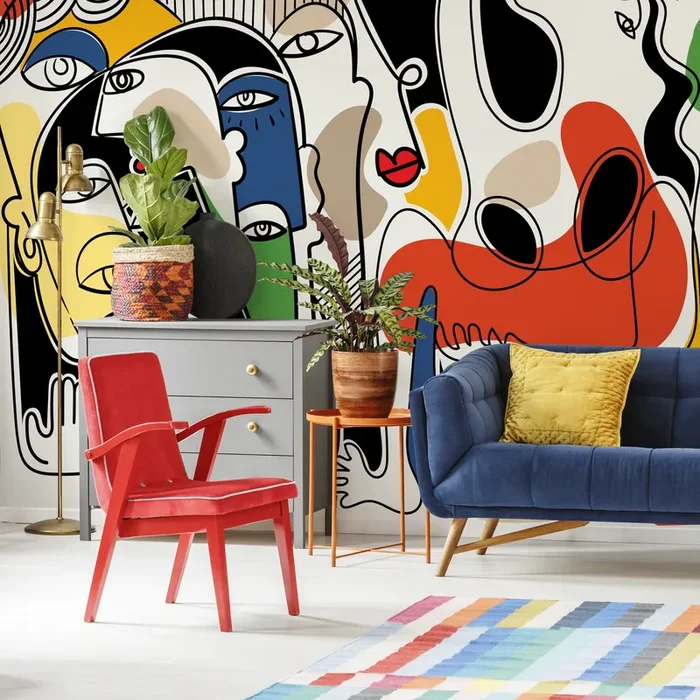Abstract Wallpaper With Surreal Line Art Faces In Red, Yellow, And Blue – D586