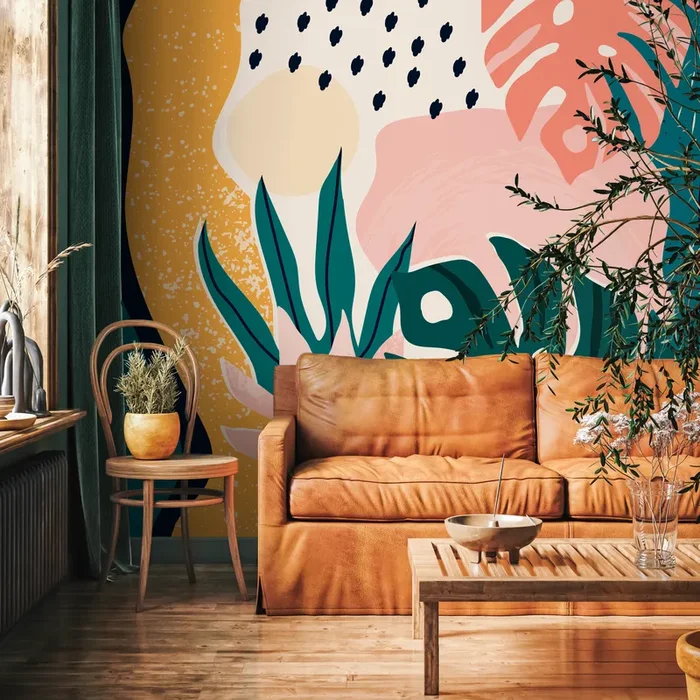 Abstract Wallpaper With Tropical Monstera Leaves In Teal, Pink, And Yellow – B500