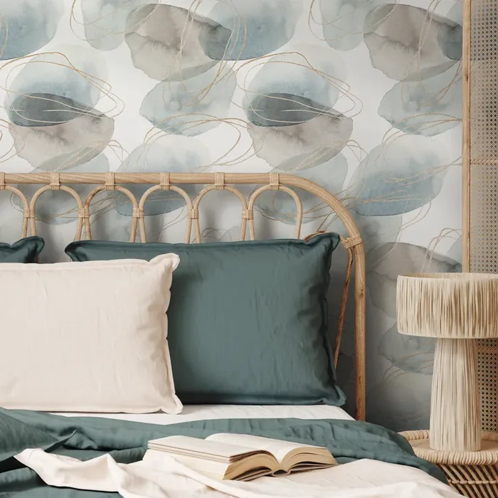 Abstract Wallpaper With Watercolor Orbs And Gold Lines In Blue And Gray – B510