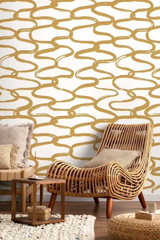 Abstract Wallpaper With Wavy Brush Strokes In Gold – D349