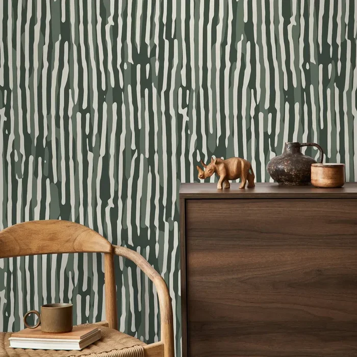 Abstract Wallpaper With Wavy Stripes In Dark Green, Sage, And Off-white – D746