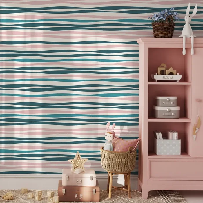 Abstract Wallpaper With Wavy Stripes In Pink, Blue, And White – D487