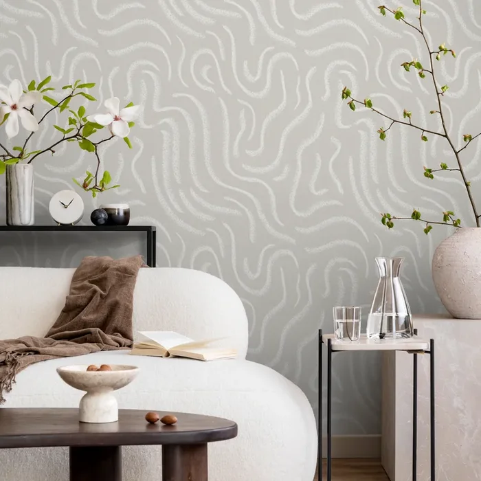 Abstract Wallpaper With Wavy Textured Lines In Soft Grey And White – C658