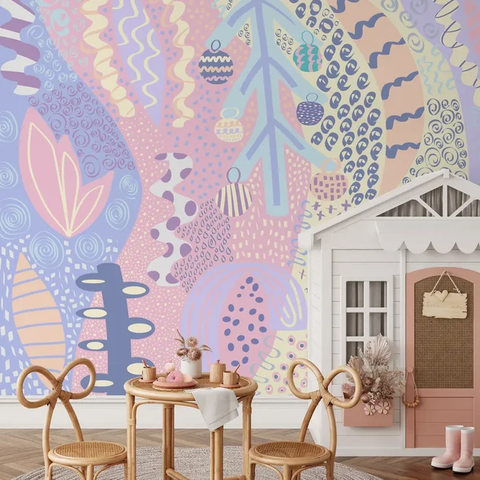 Abstract Wallpaper With Whimsical Doodles In Pink, Blue, And Lavender – B742